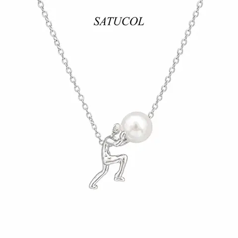 Sisyphus Pushing Boulder Pearl Necklace Unique Greek Mythology Pendant Meaningful Gift Jewelry for Her Him