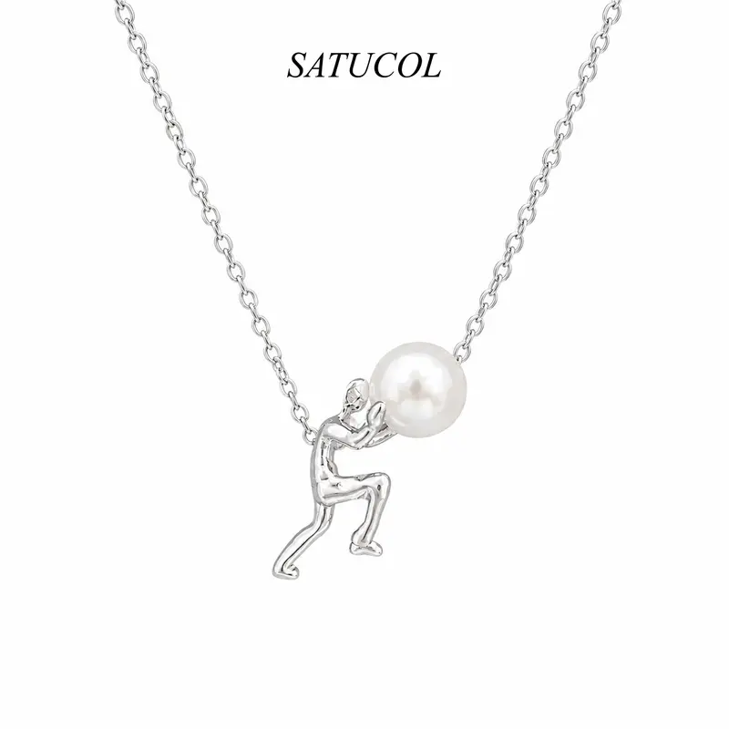 Sisyphus Pushing Boulder Pearl Necklace Unique Greek Mythology Pendant Meaningful Gift Jewelry for Her Him