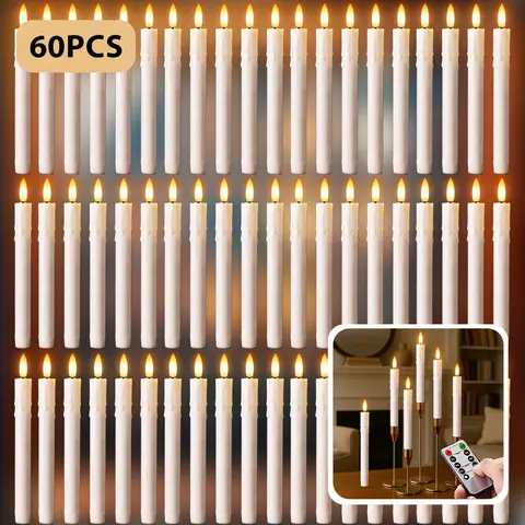 60 LED Wax Flameless Candles, Ivory White Wavy Head, Remote Control & Timer, Dry Battery Power (2 AA Batteries) for Weddings, Baby Shower, Home Decor