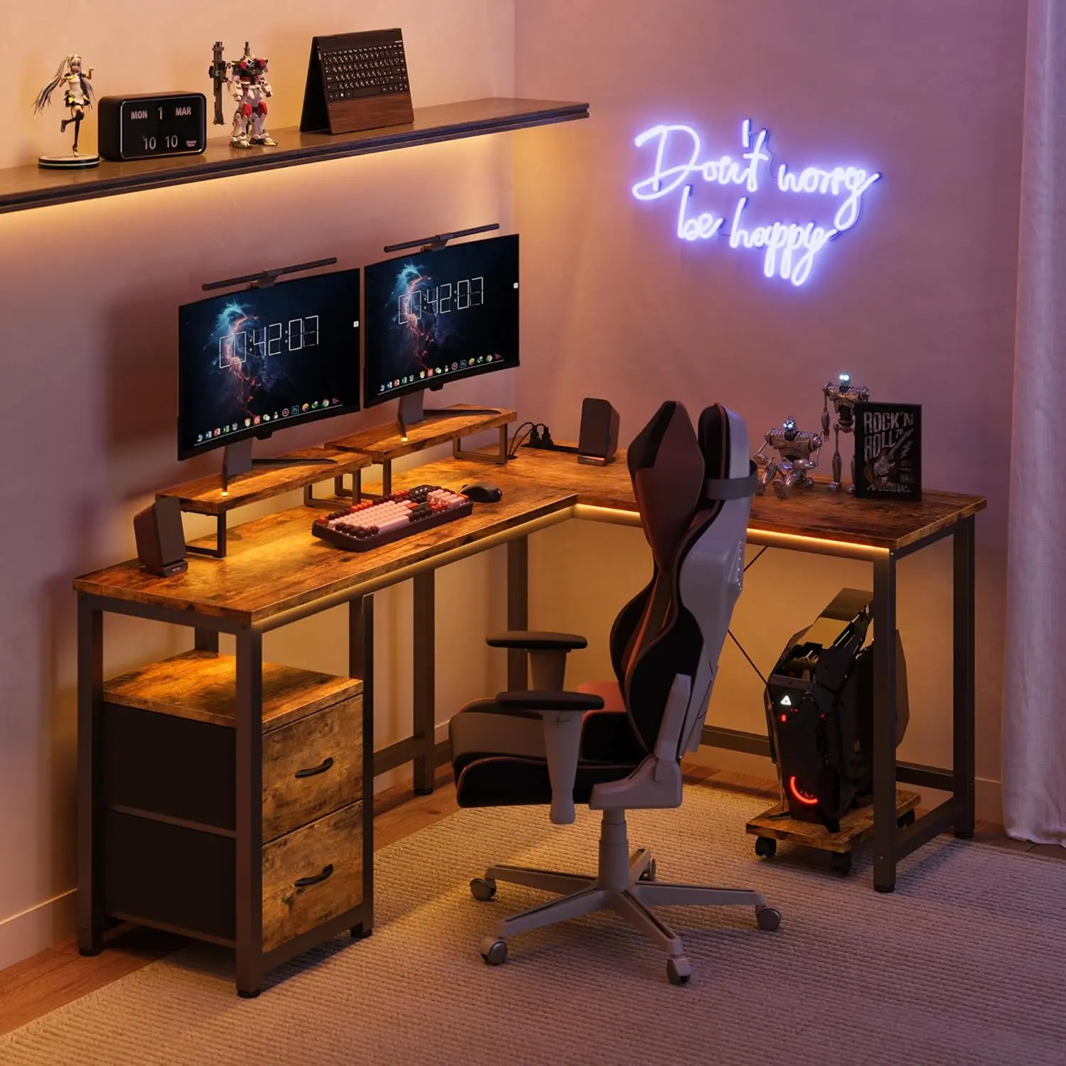 GIZOON 66" Wood L-Shaped Sturdy Computer Desk, Home Office & Gaming Desk with Power Outlets, Stable Tabletop, Shelves, Monitor Stand, Storage Drawer Platform, Rustic Brown Office Furniture, Home Office Desks