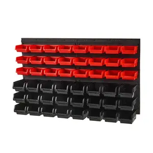 Wall Mounted Storage Bins, 48-Bin Parts Rack Organizer Garage Plastic Shop Tool with Wall Panels, Tool Organizer for Nuts, Bolts, Screws, Nails, Beads, Buttons, Other Small Parts, Black and Red