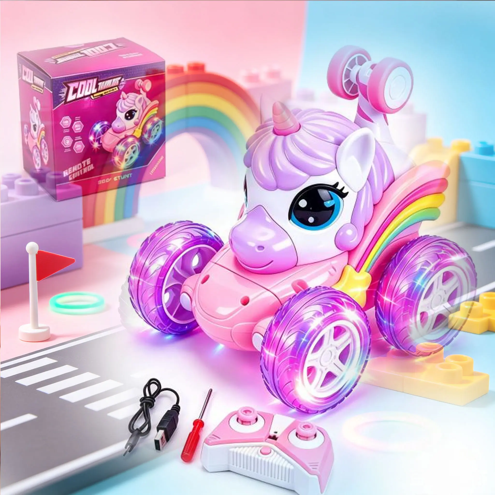 Auto Demo RC Stunt Car for Girls, 4WD Unicorn Flip Toy Car with Smart Automatic Demonstration, 2.4GHz Remote Control LED Light Vehicle