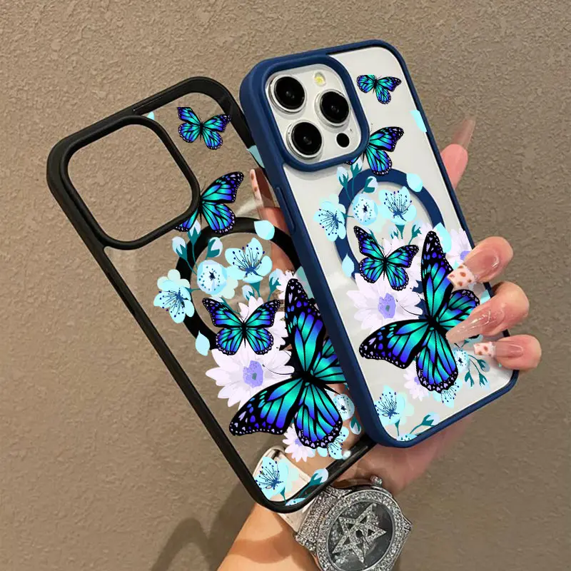 Butterfly Floral Pattern Premium Magnetic Phone Cases foriPhone 17 pro max  iPhone 16 15 14 Pro Max 13 12 11 Plus Smartphone Shockproof Protection Acrylic Cover Cellphone Protective magsafe magnetic case Aesthetic Resistance Casing Protector