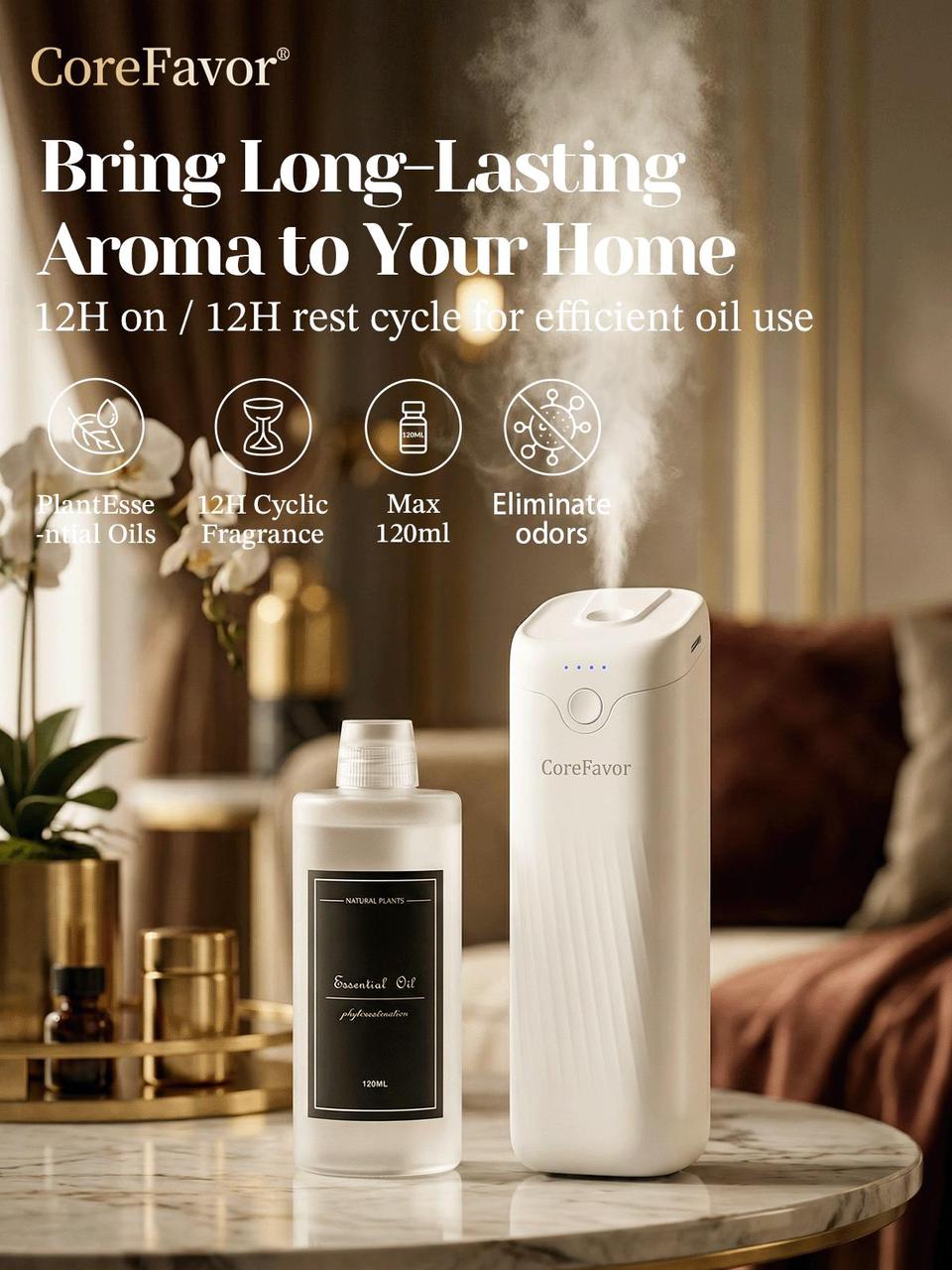 CoreFavor Waterless Essential Oil Diffuser - 120ml Aroma Oil Included, Wall-Mountable, USB Rechargeable, 4 Adjustable Scent Intensities, Low-Noise Calm Operation, Boujee Home Accessories, Ideal Gift for Bedrooms, Offices