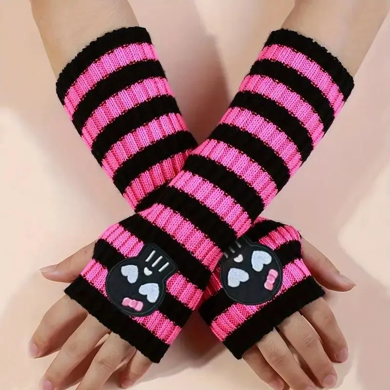 Gothic Skull and Heart Embroidered Arm Warmers, Striped Elastic Long Sleeve Women's Accessory, Winter Windproof Warmth