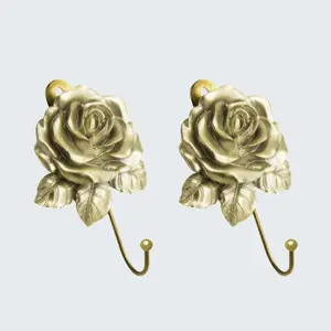 2 Pack Gold Flower Wall Hooks, Cute Decorative Coat Hooks, Vintage Resin Rose Towel Hooks with Screws, Bathroom Wall Mounted Coat Rack, Scarf, Bag, Robe, Key, Hat Hook etc (2 Gold)