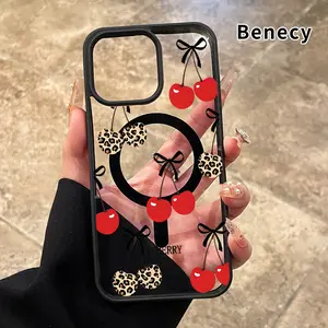 Magnetic Phone Case Supports Wireless Charging for iPhone 17 Pro Max 17 Air Cherry Bow Pattern Pattern Non-Yellowing Silicone Transparent Acrylic Drop Protective Cover