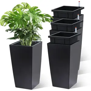 4 Pack 16'' Tall Planters Pots with Drainage Holes & Water Level Monitor, Resin Flower Pots for Indoor, Outdoor, Garden
