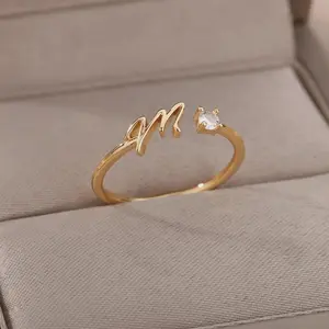 1Pc Minimalist Initial Open Ring Cubic Zirconia Alphabet Letter Ring, Fashion Jewelry Accessory, Adjustable CZ Letter Ring for Women Girls, Cute Personalized Gift, Everyday Stackable Statement Jewelry, No Gift Box, Trendy Simple Style Must Have Daily