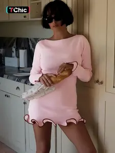 Women's Plain Lettuce Trim Boat Neck Short Dress, Casual Contrast Binding Long Sleeve Dress for Fall & Winter, Women's Clothing for Daily Wear