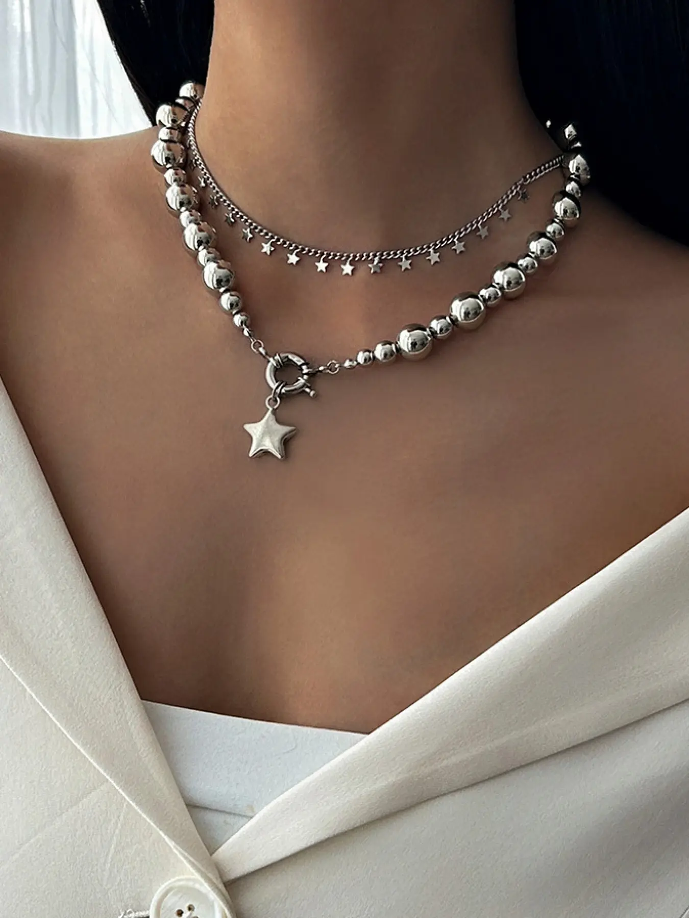 Silver Layered Star Beaded Chain Choker | Edgy Y2K Gift for Her, Everyday & Party, Elegant Beaded Alloy Necklace, Star Shine Necklace