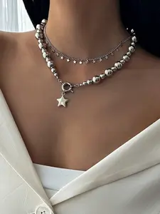 Silver Layered Star Beaded Choker | Edgy Y2K Gift for Her, Everyday & Party, Elegant Beaded Necklace
