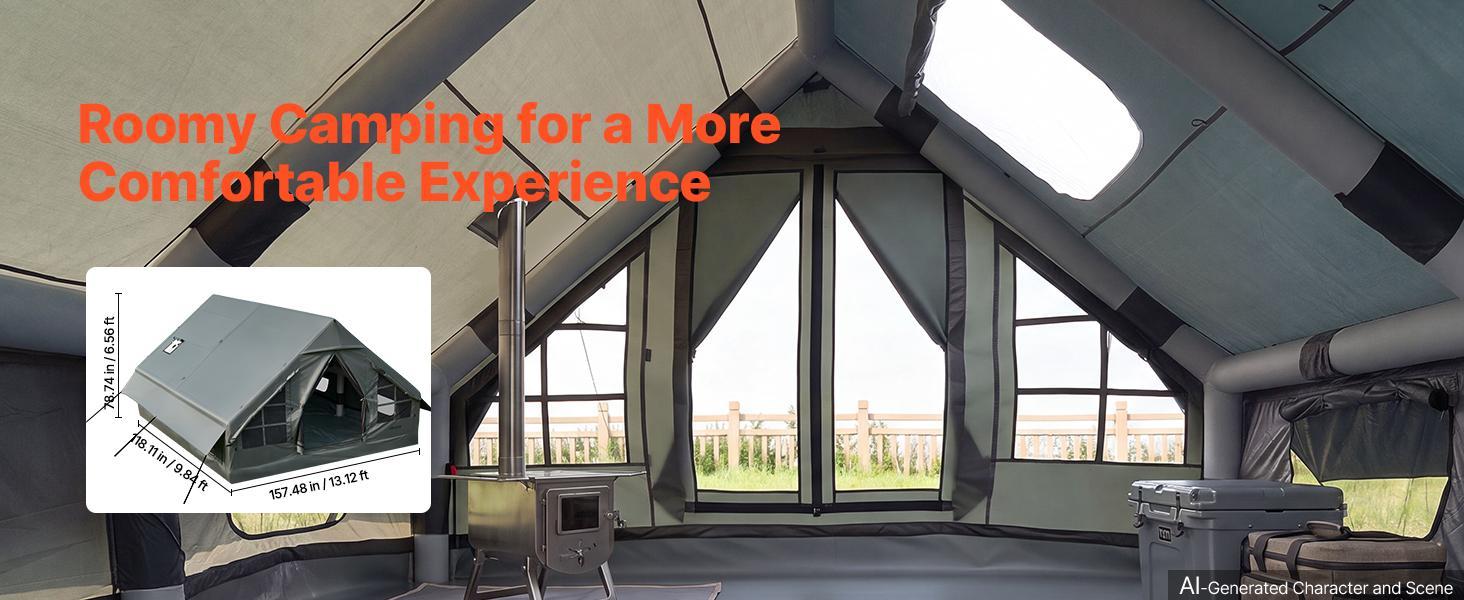 【BackToSchool】VEVOR Inflatable Tent for Camping 5-8 Person Blow Up Tent with Hand Pump, for Family Outdoor Glamping, Waterproof 420D Oxford, Easy Setup Air House with Skylight, Stove Jack, Mesh Windows & Carry Bag