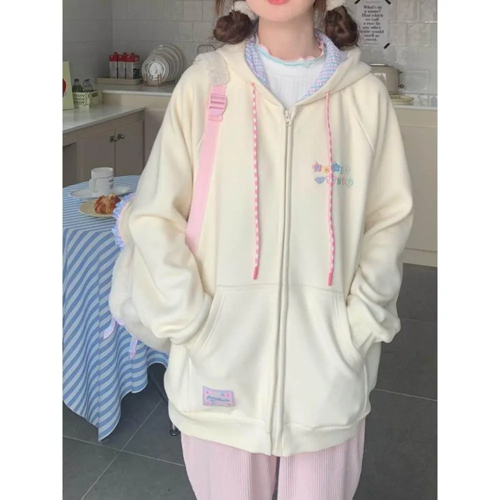 Cartoon Embroidery Preppy Style Hoodies Women Y2k Aesthetic Casual Plaid Patchwork Hoody Streetwear Zipper Grunge Sweatshirts
