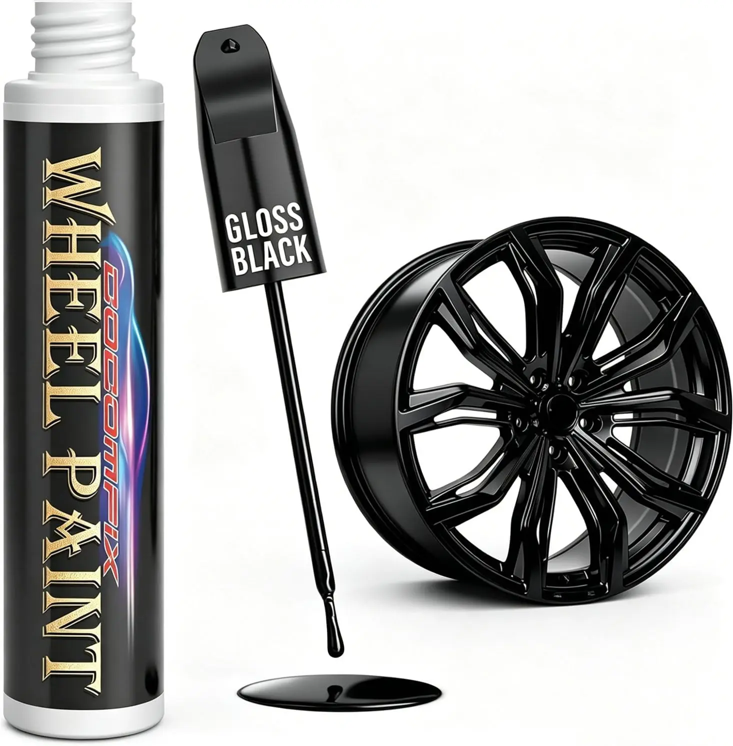Gloss Black Rim Touch Up Paint, Rim Paint Pen, Car Wheel Scratch Repair Kit for Curb Rash & Scratches, Universal Gloss Black Enamel paint for Alloy/Metal rims (1 fl oz), Scratch Resistant, Covers 1 Sq Ft