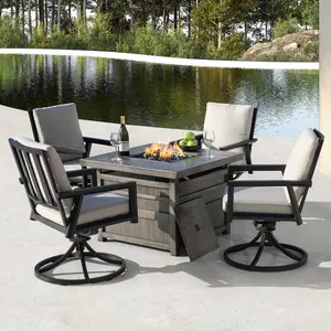 5-Piece Fire Pit Set with 4 Swivel Chairs, Aluminum Frame, Gray