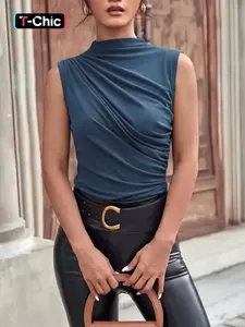 Women's Casual Mock Neck Sleeveless Knit Top, Trendy Slim-Fit Ruched Tank Top, Easy Care
