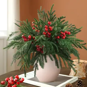 Christmas Norfolk Pine Stems, Real Touch Artificial Branches, Berries, Faux Needles, Indoor Outdoor Home Decor DIY Crafts