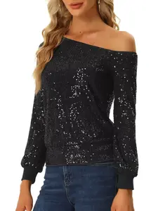 Allegra K Women's Sequin Party Sparkly Glitter Long Sleeve Off Shoulder Top Black Medium