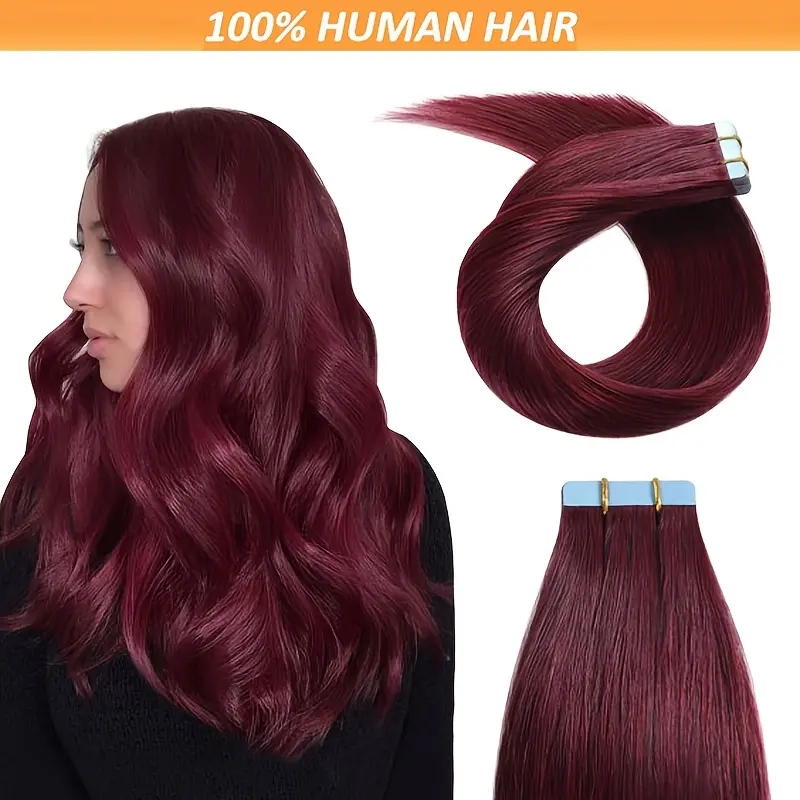 Straight Tape-In Hair Extensions, 20pcs 99J Burgundy Red Real Remy Colored Human Hair, 16-28 Inch Seamless Weave for Natural Volume & Length, Hair Weave Extensions