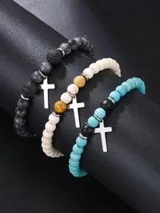 Colorblock Cross Charm Beaded Bracelet, Fashionable Stretch Bracelet for Men & Women, Trendy All-match & Exquisite Jewelry for Birthday Gift