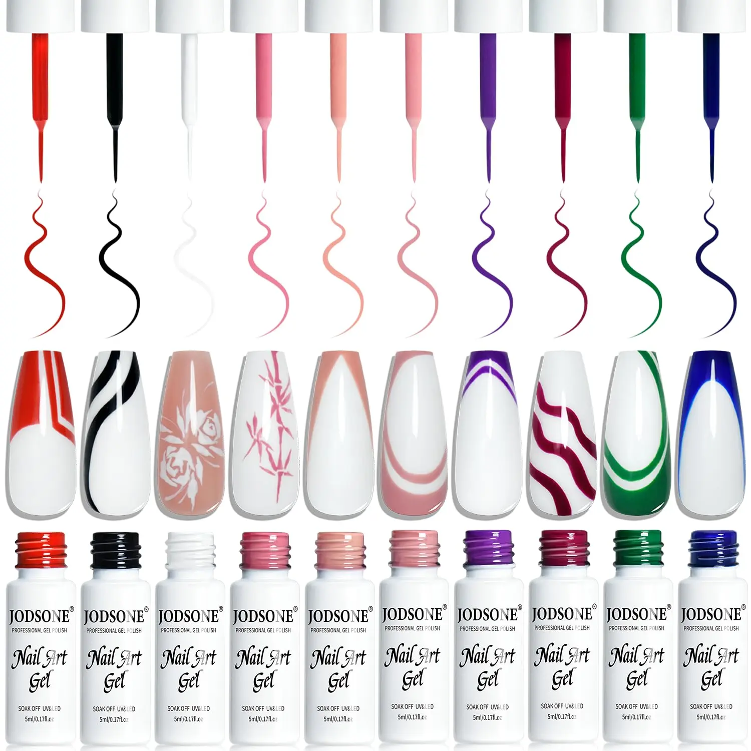 JODSONE 10pcs Scented Cosmetic Nail Art Gel Liner with Thin Brush - Radiant UV Formula, Nail Polish, Radiance Boost, for Manicure Care, DIY Home Salon, Teen Girl Gifts, Nail Products, Uv Gel Manicure