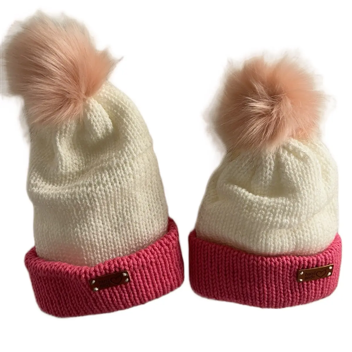 Handmade Matching White and Pink Beanie for Big Sister/Little Sister or Mommy & Me