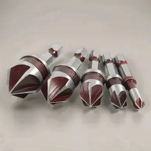 5-Piece Set Countersink Drill Bit with Hex Shank, Five-Blade Chamfer Cutter for Woodworking, 90 Degree Hole Enlarger and Bevel Tool