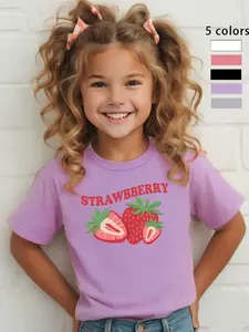 Girls Strawberry T Shirt with Fresh Fruit Print, Cute and Stylish Casual Wear, Soft and Breathable Fit for Kids