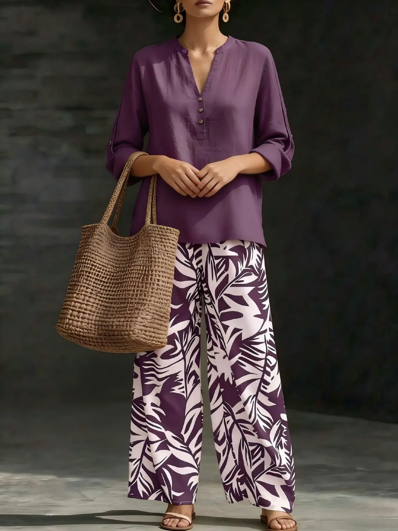 Women’s 2-Piece Soft Spandex-Fabric Clothing Set - V-Neck Button-Detailed Blouse & Printed Botanical Wide-Leg Pants, Comfortable Breathable for Daily Outings, Casual Gatherings
