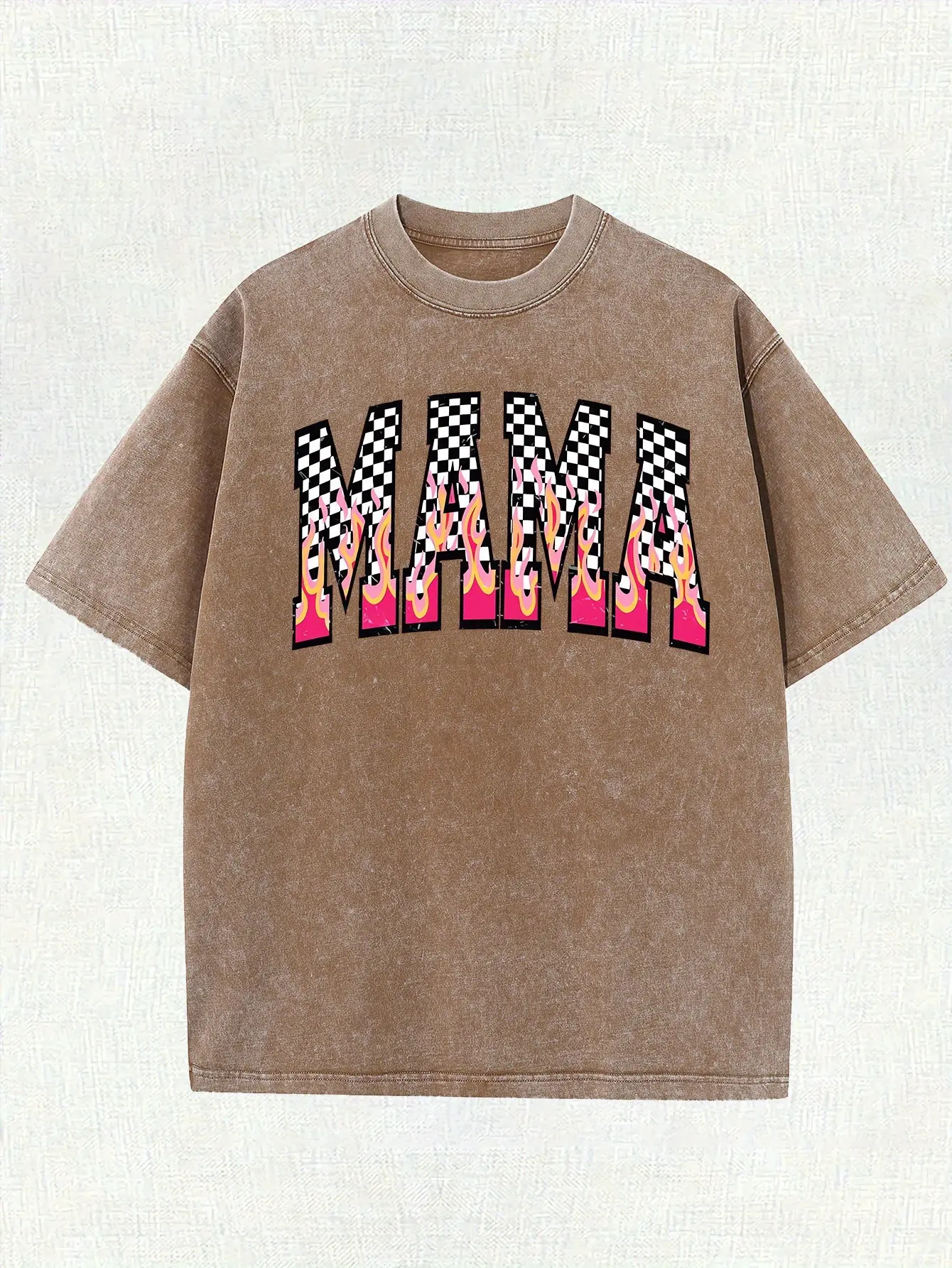 MAMA Checkered and Flame Men'S Washed Short Sleeve T-Shirt | 100% Pure, 7.76 Ounces, Single-Sided Printing, Retro Street Style, Crew Neck, Casual Style, Slight Stretch, Regular Fit, All-Season Crewneck Tshirt ,fathersdaygift