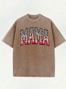 MAMA Checkered and Flame Men'S Washed Short Sleeve T-Shirt | 100% Pure, 7.76 Ounces, Single-Sided Printing, Retro Street Style, Crew Neck, Casual Style, Slight Stretch, Regular Fit, All-Season Crewneck Tshirt ,fathersdaygift