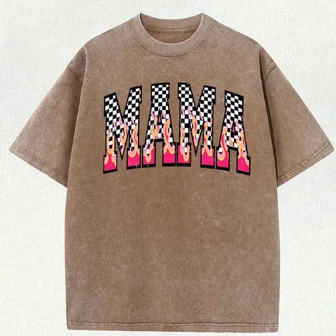 MAMA Menswear Checkered & Flame Washed Cotton Tshirt - 7.76 oz 100% Pure Soft Fabric, Crew Neck, Short Sleeve, Single-Sided Print, Vintage Streetwear, Slight Stretch, Regular-Loose Fit, Layer-Friendly, All-Season Casual, Father's Day Gift