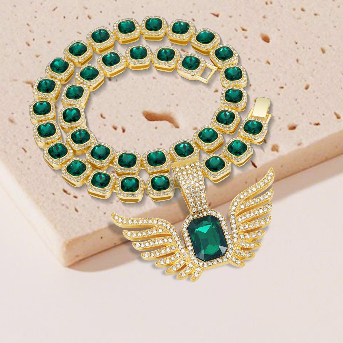 Angel Wing Pendant with Green Square Tennis Chain Sliver Gold Plated Baguette Chain Clustered Diamond Tennis Necklace Bracelet Hip Hop Jewelry for Men Women Birthday Wedding Gifts Angel Wing Pendant with Green Square Tennis Chain Sliver Gold Plated Baguette Chain Clustered Diamond Tennis Necklace Bracelet Hip Hop Jewelry for Men Women Birthday Wedding Gifts