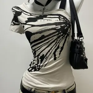 American Vintage Skew Collar Skew Collar Tees 2025 Summer New T-shirt for Women Y2k Slim Fit Short Sleeve Tops Muejr