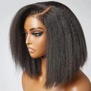 Short Bob Glueless Wig Ready To Wear Yaki Kinky Straight Wigs Human Hair 7x5 HD Lace Closure Wig For Women Pre Plucked Beginner Friendly 200% Density