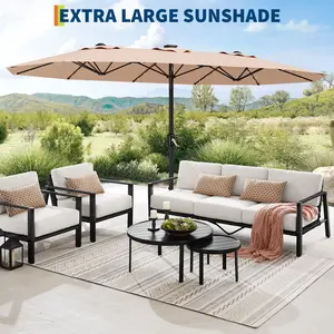 15FT Double Sided Rectangular Patio Umbrella with Solar LED Lights, Heavy Duty Windproof Waterproof UV Resistant Outdoor Market Umbrella, Easy Crank Shade with Base & Sandbag for Backyard Garden Poolside