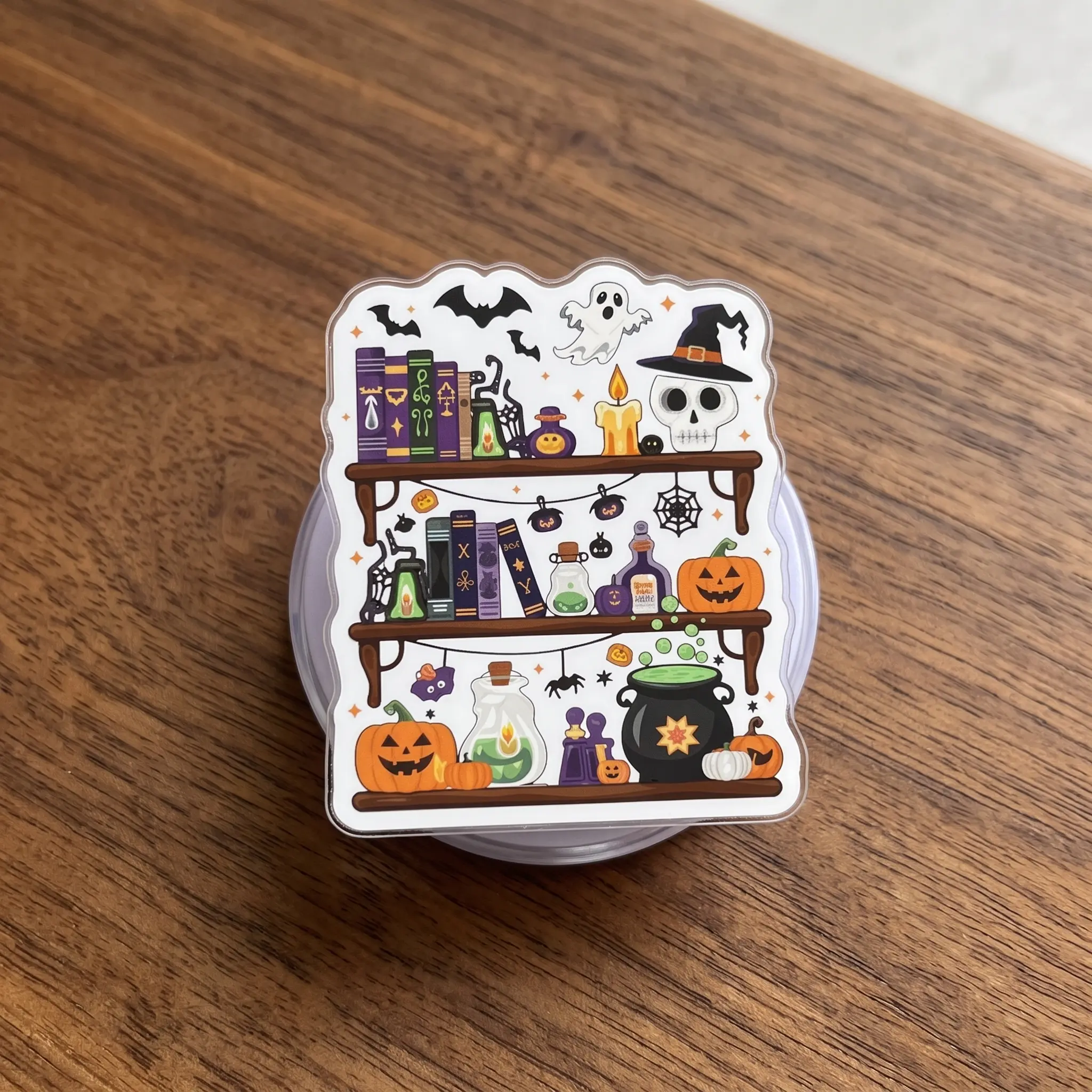 Halloween Witch Bookshelf Magnetic Phone Grip, Spooky Bookish Phone Holder Stand, Ghost Pumpkin Cauldron Reader Gift