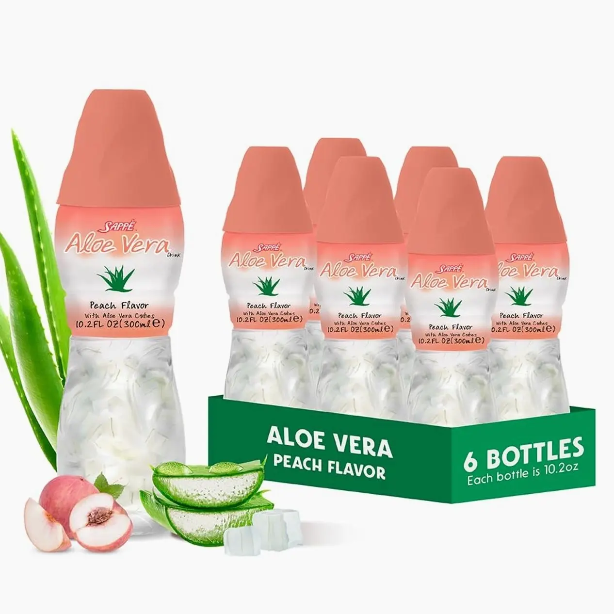 Aloe vera juice (Peach flavored) with bigger chunky pure aloe pulp (6 Packs) Plant based juice great for hydration and contains large aloe pulp. It is healthy for adults and kids