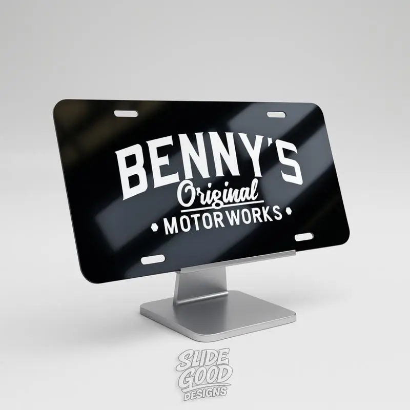 Benny's Original Motorworks Logo Aluminum License Plate - Custom Print, 12x6in, 4-Hole Mount, Personalized Vehicle Accent for Truck, Car Decoration, Home Decor Plaque