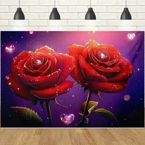 1pc 2D Red Rose & Diamond Heart Banner, Gradient Purple Background with Shiny Roses & Love Diamonds, Romantic Vibe, HD Print, Perfect for Valentine's Day / Proposal / Wedding / Anniversary & Bridal Room Decor Backdrop