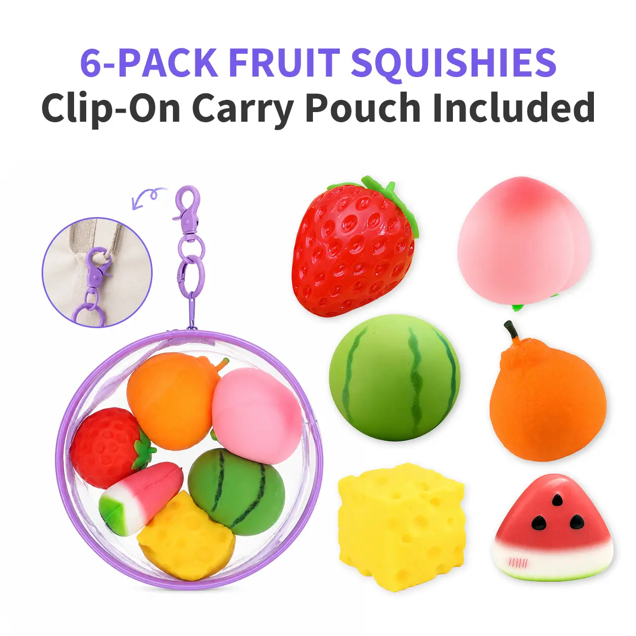 6-Piece Fruit Squishy Toys Set with Clear Zipper Storage Case and Backpack Clip, Colorful Squeezable Strawberry, Peach, Watermelon, Orange, Cheese and Watermelon Slice, Portable Fidget Toys for Kids, Party Favors and Gifts