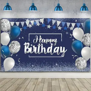 Happy Birthday Decorations Backdrop Banner, Glitter Birthday Backdrop Sign Poster Party Supplies Photo Background for Men Women, 72.8 x 43.3 Inch(Silver and Navy Blue)