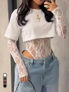 Sexy Lace Overlay, Cropped T-Shirt & Sheer Lace Bodysuit, Clubwear for Spring & Fall, Fitted Style Without Collar, Tops