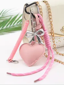 Trendy Cute Keychain, Braided Rope, Bow & Heart Keychain PU Leather Heart with Heart Charm, Bow & Spring Rope Clasp, Heart Keyring Bowknot Pendant Hanging Ornaments Bag Purse Charm Car Handbag Backpack Keychain Decoration Lanyard Valentine's Day Gift