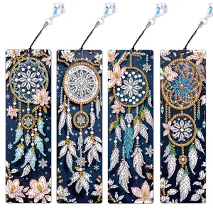 Flower Dream Catcher Pattern DIY Diamond Arts Colorful Painting Kit, 4 Counts/set DIY Bookmark with Diamond Pendant, Suitable for Book Fans and Craft Enthusiasts, Handmade Gifts