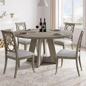 Round Dining Table, 47 Inch Round Dinner Table for 4, Farmhouse Kitchen Table with Wooden Pedestal Base for Home Dining Room or Living Room （No Chairs）- Grey