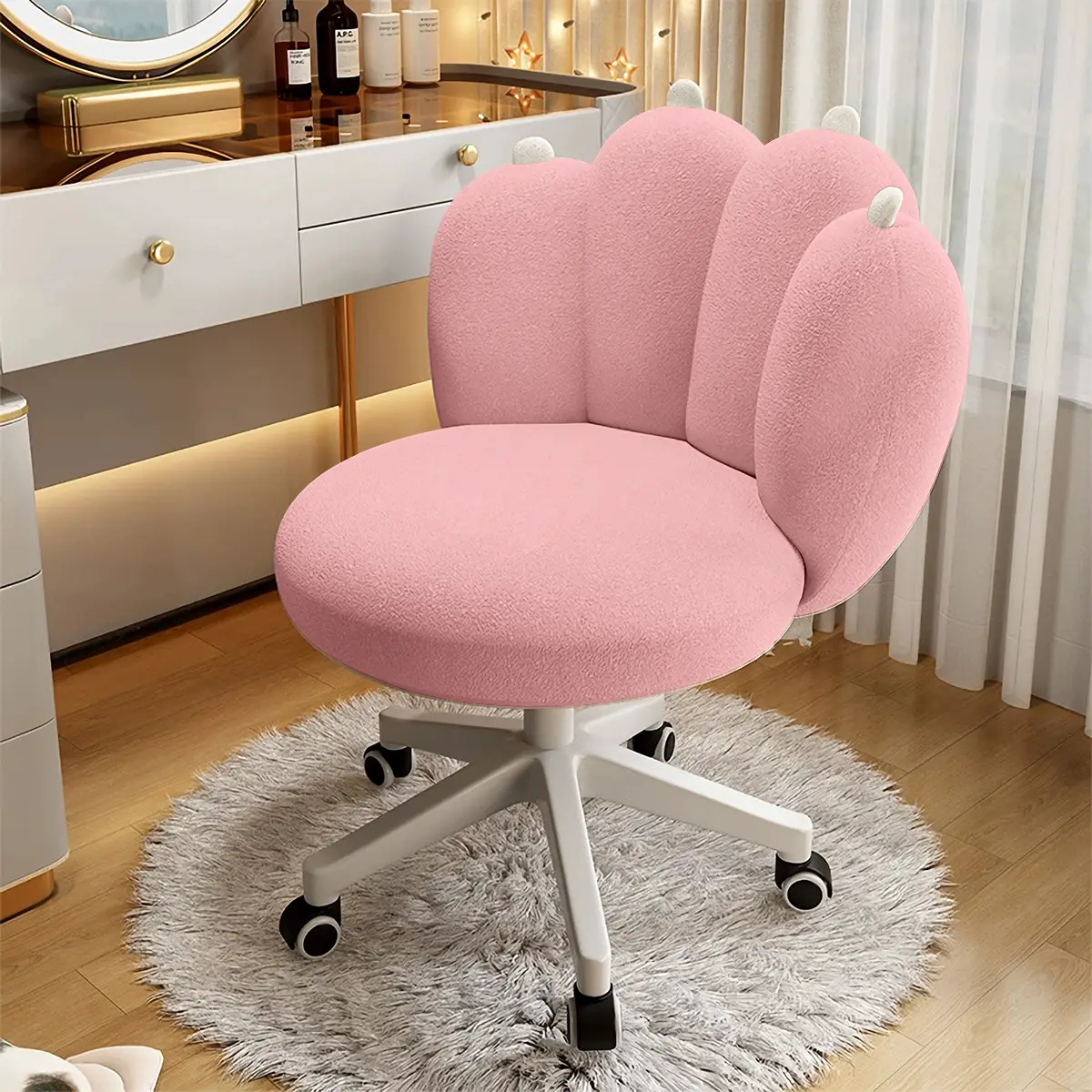 【Back To School】 Adorable Cat Paw Office Chair with Teddy Fleece, Armless Plush Seat Vanity Makeup Chair with Wheels, 360°Rotating Height Adjustable M