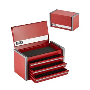 fathersdaygift  VEVOR Metal Tool Box, 8.6-inch, Portable Metal Tool Box with 3 Drawers, Small Tool Chest with EVA Liners and PP Feet Pads, Heavy-Duty Steel With Ball Bearing Opening and Powder Coated Finish, Red