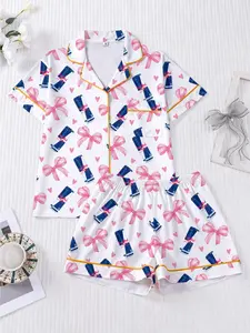 Women's Sleepwear Set, Bow Print Pajama Set, Comfortable Lapel Top and Shorts, Soft Nightwear for Women, Casual Home Loungewear, Homewear